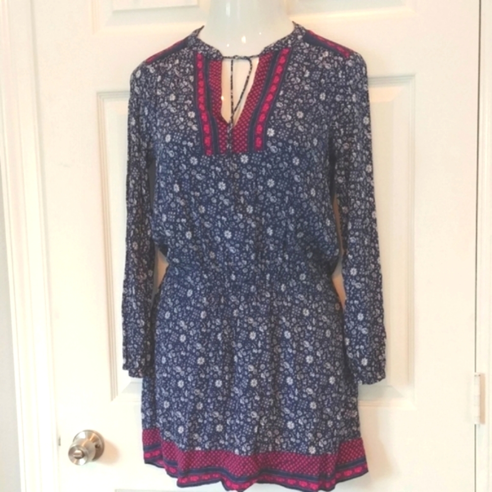 Gap western boho long sleeve blue minidress, elastic waist pockets fits small